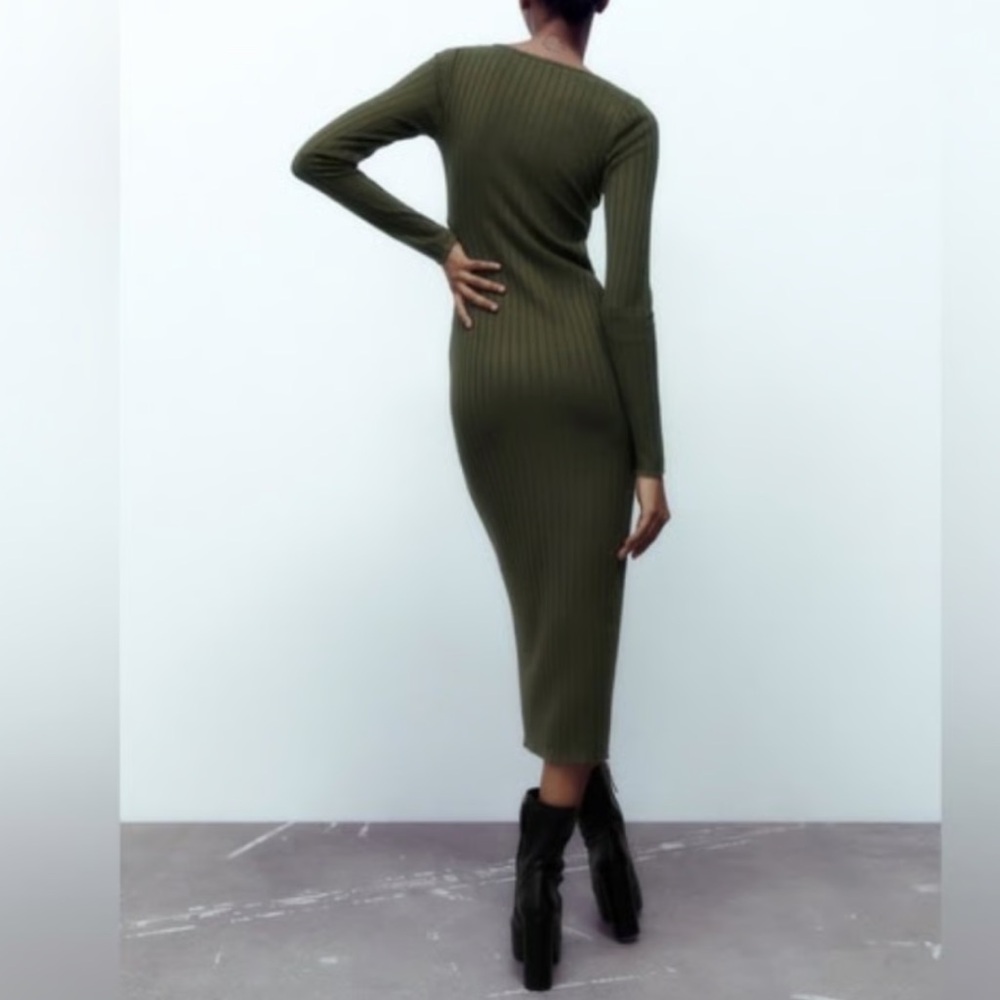 Zara Knit Dark Olive Ribbed Midi Dress Size Small